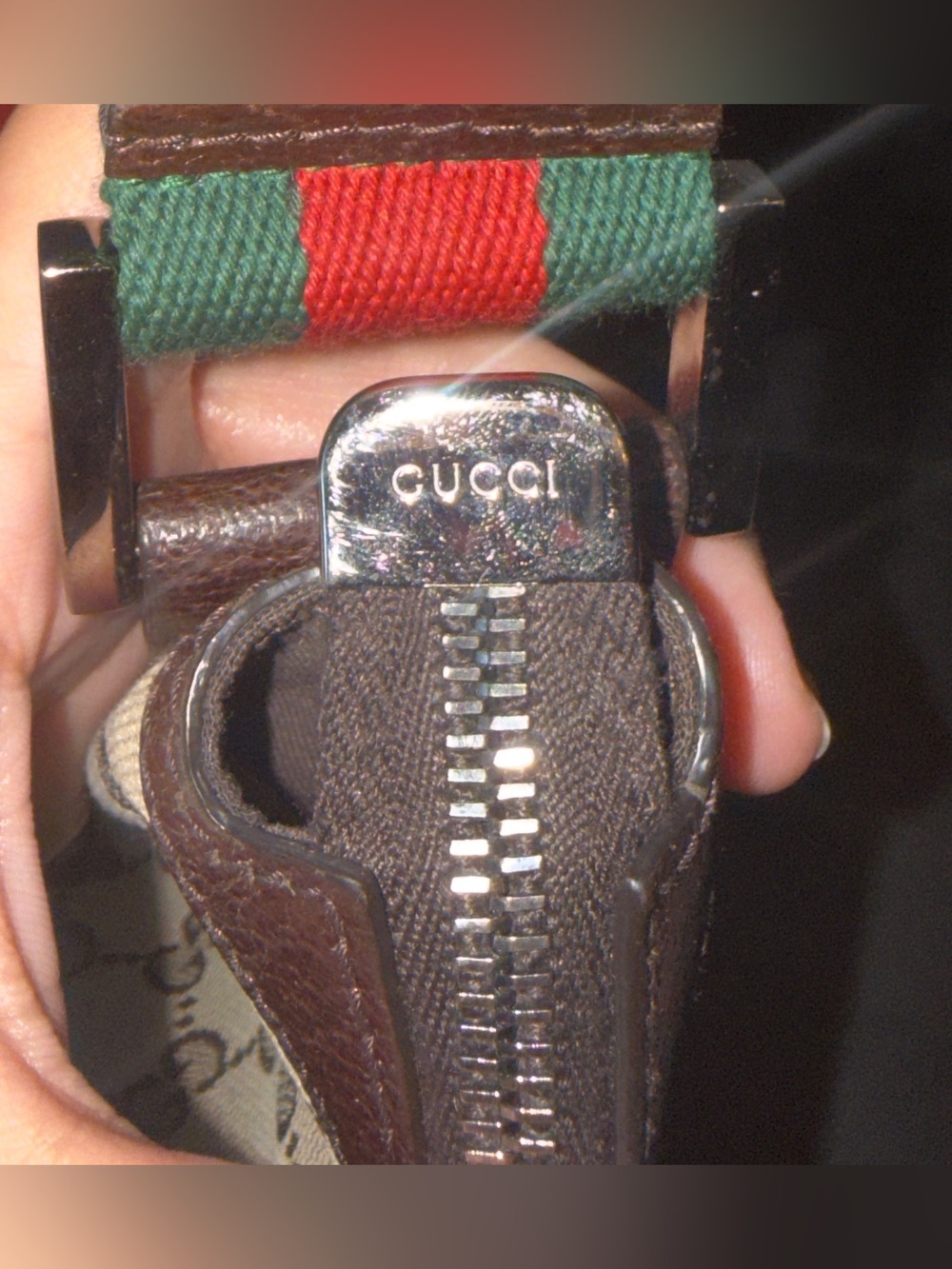 Gucci Beige/Brown Monogram Saddle Bag with Red and Green Web Strap - Picture 8 of 13